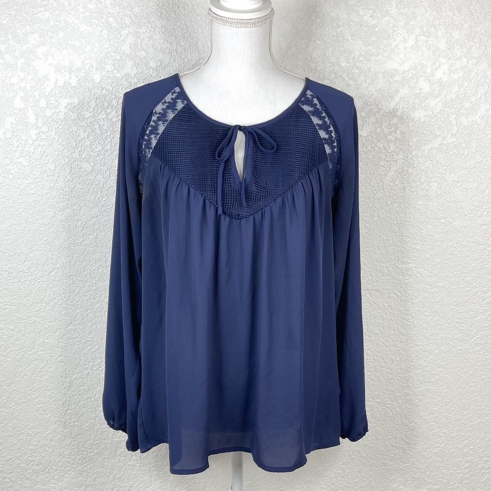 Lauren Conrad Navy Blue Sheer Chiffon Long Sleeve Keyhole Peasant Blouse Size M